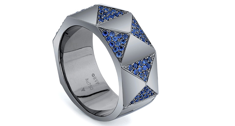 <a href="http://www.rosavanparys.com/jewelry.html" target="_blank" rel="noopener">Rosa Van Parys Jewelry</a> 18-karat black gold infinity pyramid band with blue sapphires ($5,772)
