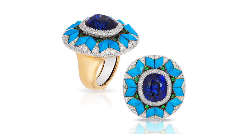 <strong>Bridal Wear</strong><br />Ricardo Basta of E. Eichberg Inc. won First Place and Platinum Honors for this platinum “Royal Blue” ring featuring a 12-carat blue sapphire accented with diamonds. The ring also has a detachable 18-karat yellow gold “Quilt” jacket--creating a ring within a ring--featuring turquoise accented with diamonds and tsavorite garnets.