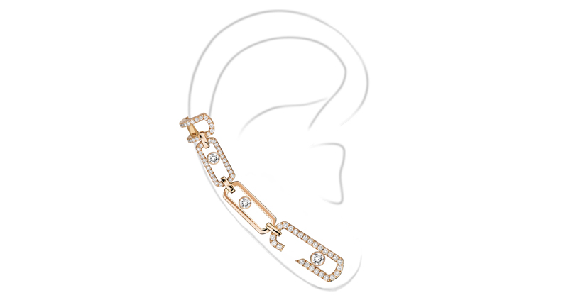 A rose gold and diamond ear cuff from the Move Addiction high jewelry collection mixes pave and non-pave elements. The subtle manipulations of the classic Move motif up the edge of the design.