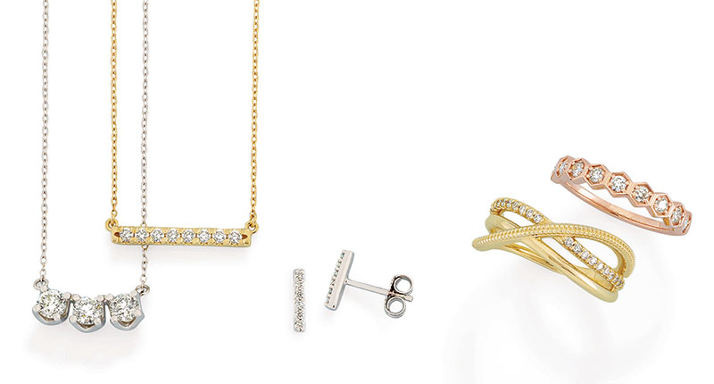 Stuller is among the major industry suppliers that have begun selling lab-grown diamonds, both loose and set into jewelry, in recent years. Pictured here are pieces in its “Modern Brilliance” collection of lab-grown diamond fashion jewelry.