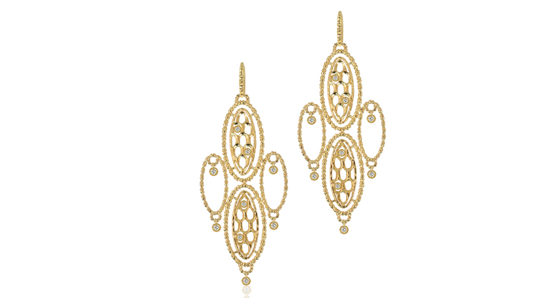 Lalaounis “Honeycomb” chandelier earrings in 18-karat yellow gold with diamond accents ($5,800)