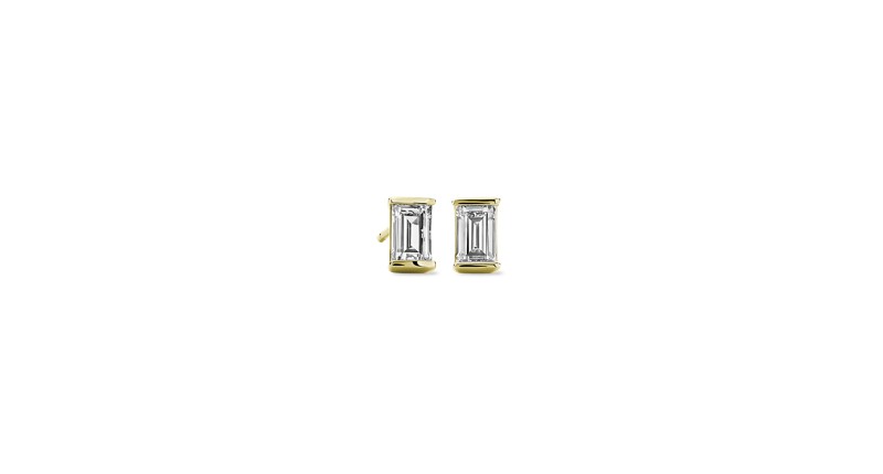 A pair of lab-grown diamond baguette studs in 14-karat yellow gold ($900). The style is also available with blue and pink lab-grown diamonds.