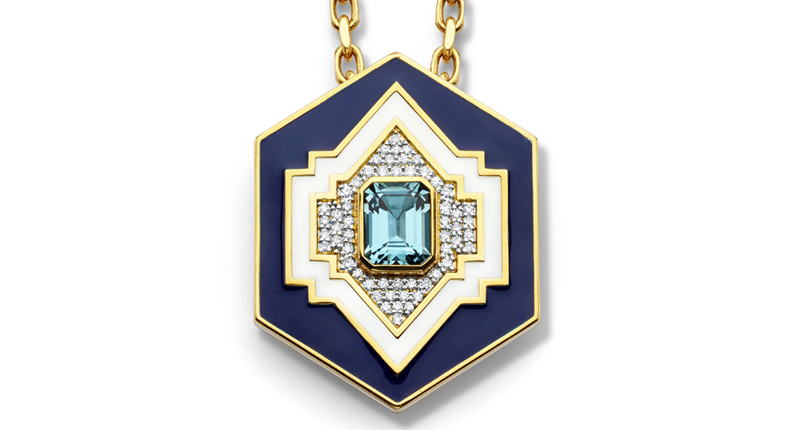 <p>Buddha Mama 20-karat gold Lantern Pendant with enamel, 4.27-carat London Blue topaz and diamonds ($4,550). Inquire at <a href="mailto:info@buddhamama.com"></a><a href="mailto:info@buddhamama.com">info@buddhamama.com</a>.</p>
