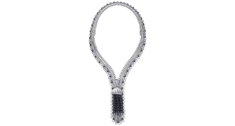 This necklace from Van Cleef & Arpels features an 18-karat white gold “zipper” trimmed with alternating onyx cabochons and circular-cut diamonds, a diamond pull and onyx bead tassel. It’s estimated to sell in the range of $180,000 and $280,000.
