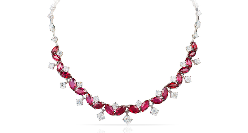 <strong>Evening Wear</strong><br />The first place winner was David Gross of David Gross Group for this platinum necklace featuring 21 unheated Mozambique rubies weighing 29.33 total carats accented with 21.61 carats of diamonds.