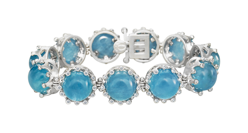 This is a one-of-a-kind bracelet from Suzy Landa, featuring 100.62 carats of aquamarine and 1.34 carats of step-cut diamonds made in 18-karat white gold ($36,000).<br /><a href="http://suzylanda.com/" target="_blank">SuzyLanda.com</a>