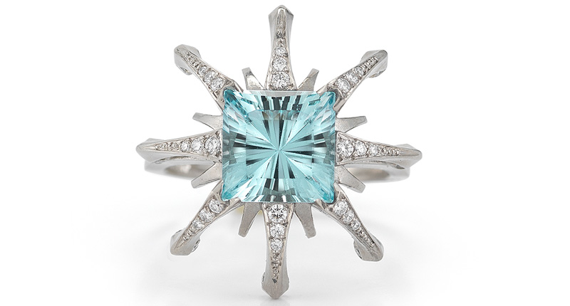 Diana Vincent Jewelry Designs ring with 2.60-carat aquamarine and diamonds in 18-karat white gold ($13,000)<br /> <a href="https://www.dianavincent.com/products/diana-vincent-aquamarine-and-diamond-ring-1?variant=20250418113" target="_blank" rel="noopener noreferrer"><b>DianaVincent.com</b></a>
