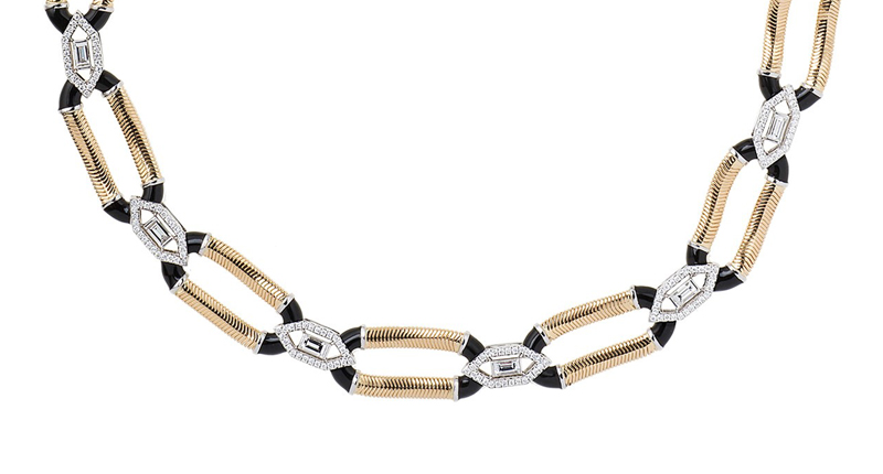 <a href="https://www.nikoskoulis.com" target="_blank" rel="noopener">Nikos Koulis</a> 18-karat yellow and white gold necklace with diamonds and enamel (price upon request)