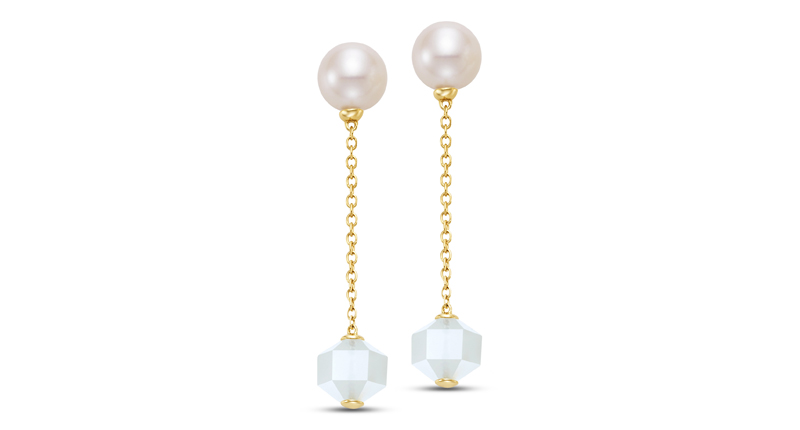 <p><a href="http://www.mastoloni.com" target="_blank" rel="noopener">Mastoloni</a> “Bella Luna” collection linear drop earrings featuring white freshwater pearls with white moonstone beads set in 14-karat yellow gold ($705) </p>