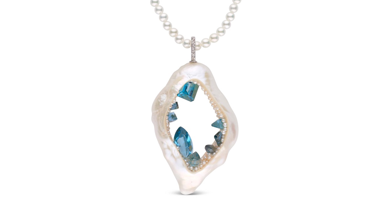 <p><a href="http://www.littlehjewelry.com" target="_blank" rel="noopener">little h</a> “Grotto” pendant on pearl Necklace set in 14-karat white gold with blue topaz and seed pearls ($5,940) </p>