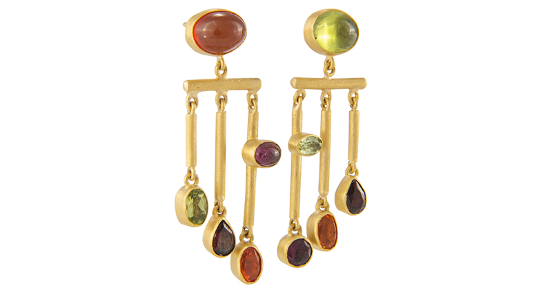 Yossi Harari “Reyna” earrings in 24-karat yellow gold with multicolor sapphires ($6,054)