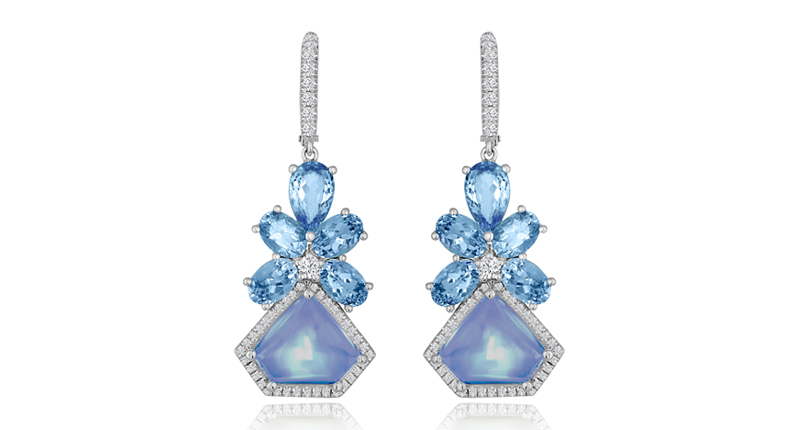 Bella Campbell of Campbellian Collection’s 18-karat white gold earrings feature 8.93 total carats of moonstone and 4.83 carats of aquamarine accented with 0.56 carats of diamonds ($12,000).<br /><a href="http://www.campbellian.nyc/" target="_blank">Campbellian.NYC</a>