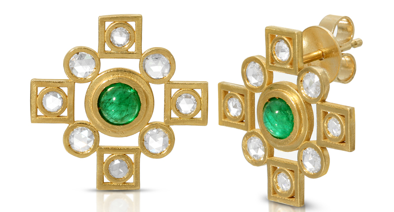 <a href="https://santiromjewelry.com/" target="_blank" rel="noopener">Santi Rom</a> earrings in 18-karat gold with emeralds and rose-cut diamonds ($3,200)