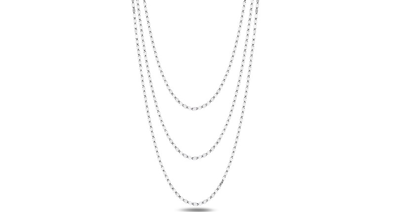 The Strata necklace is 63 inches of delicate platinum “petals,” long enough to be worn many ways ($1,700)