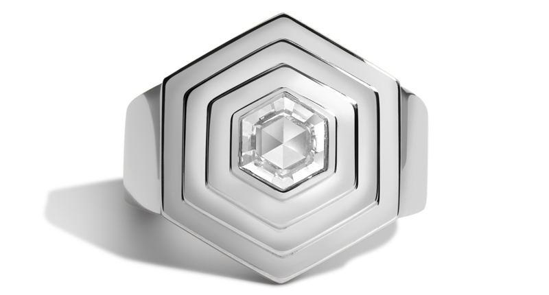 <a href="https://www.dorynwallach.com/" target="_blank" rel="noopener">Selin Kent</a> Hex Step Ring in 18-karat white gold with 0.64-carat hexagonal rose-cut diamond ($3,650)