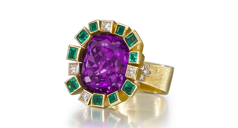 This ring made in 1995 is centered on a cushion-shaped amethyst surrounded by “stalks” of varying heights inset with step-cut emeralds and square-cut diamonds with additional brilliant-cut diamond details on the shank, all mounted in 18-karat yellow gold. It has a pre-sale estimate of $5,200 to $7,800.