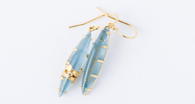 From Jamie Joseph’s “Golden Joinery” collection of gemstones set in high-karat gold come these 22-karat earrings with a pronged marquise-shaped aquamarines and a single 0.016-carat diamond ($3,115)<br /><a href="http://www.jamiejoseph.com/" target="_blank">JamieJoseph.com</a>