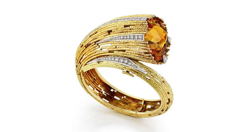 This textured wire bangle created in 1998 features a large rose-cut citrine and brilliant-cut diamond detailing. It could sell for $15,700 to $23,500.