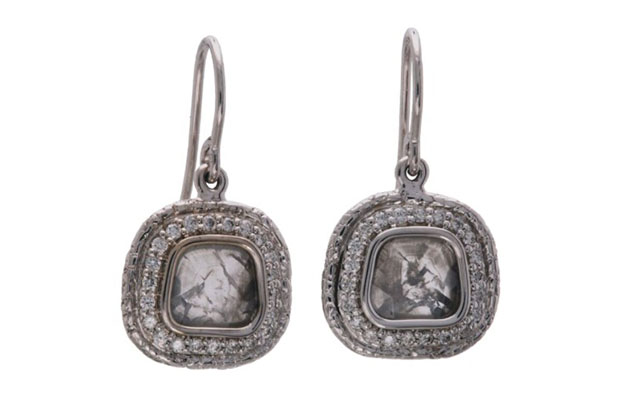 Susan Wheeler also created these 18-karat white gold and gray diamond slice earrings featuring white diamond pave accents ($5,570).<br />
<a href="http://www.susanwheelerdesign.com/" target="_blank"><span style="color: #ff0000;">SusanWheelerDesign.com</span></a>