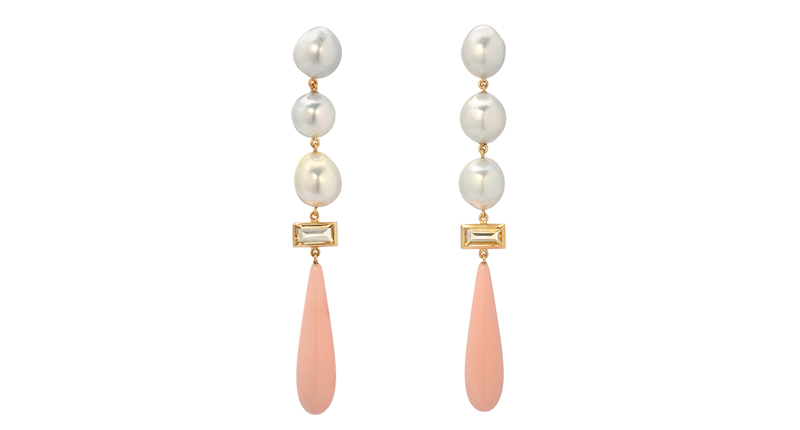 South Sea Pearl Gypsy earrings in 14-karat yellow gold with South Sea pearls, diamonds, citrine and coral ($1,425)