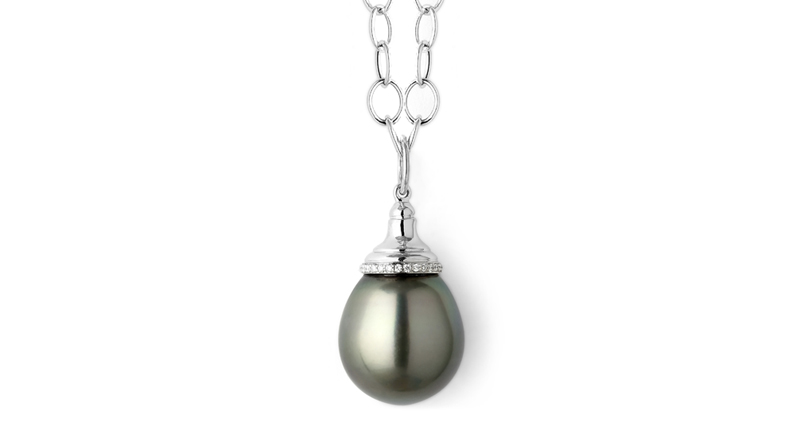 <p><a href="http://www.synajewels.com" target="_blank" rel="noopener">Syna </a>18-karat white gold and Tahitian pearl “Mogul” drop pendant with diamond trim on an 18-karat gold chain ($6,600) </p>