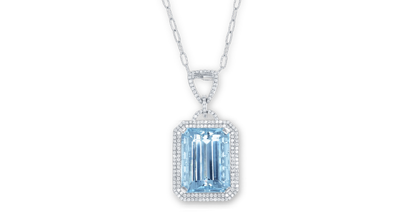 Lali Jewels’ one-of-a-kind 18-karat white gold pendant with a 21.6-carat octagon-cut aquamarine and 1.02 carats of diamond accents ($15,000)<br /><a href="http://lalijewels.com/" target="_blank">LaliJewels.com</a>