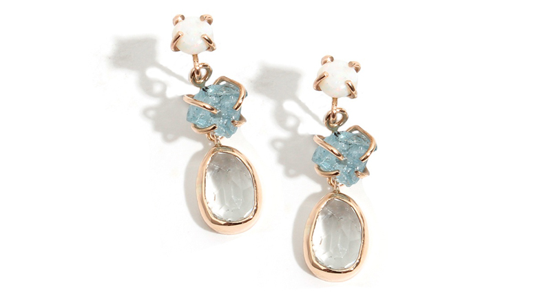 Melissa Joy Manning’s one-of-a-kind 14-karat yellow gold and sterling silver three-drop earrings boast opal, raw aquamarine and aquamarine freeform ($1,300).<br /><a href="http://www.melissajoymanning.com" target="_blank">MelissaJoyManning.com</a>