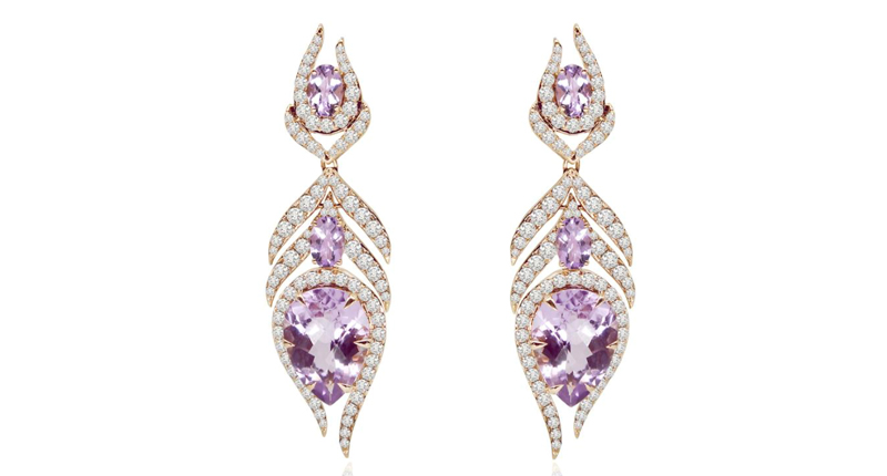 <p><a href="http://www.sutrajewels.com/shop/earrings/sje2782/" target="_blank" rel="noopener">Sutra</a> “Feather Collection” earrings in 18-karat rose gold with amethyst and diamonds (price available upon request) </p>