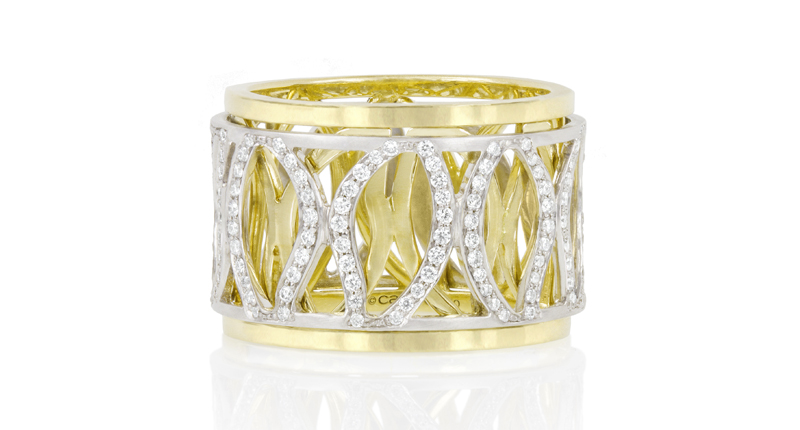 <a href="http://www.carelle.com/athena-white-gold-pave-diamond-leaf-spinning-ring/" target="_blank" rel="noopener noreferrer">Carelle</a> “Athena” pave diamond leaf spinning ring in 18-karat yellow and white gold with diamonds ($5,950)