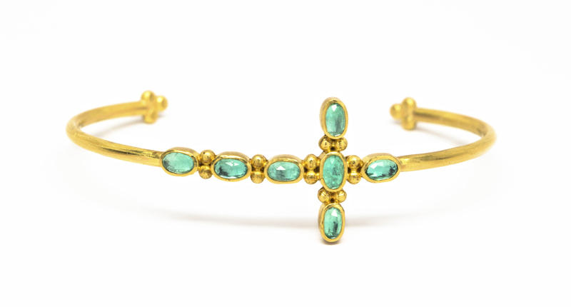 <a href="http://www.lindahoj.com" target="_blank" rel="noopener noreferrer">Linda Hoj Designs</a> 22-karat gold cuff bracelet with emeralds ($3,800)