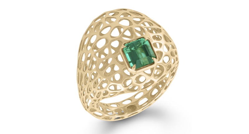 <a href="http://www.vitae-ascendere.com" target="_blank" rel="noopener noreferrer">Vitae Ascendere</a> “Bubble” ring in 18-karat yellow gold with 1.22-carat emerald ($6,200)