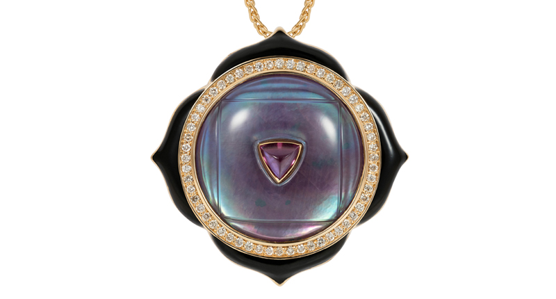 Noor Fares’ 18-karat yellow gold pendant with ruby, mother-of-pearl and rock crystal base, rhodolite garnet and diamonds ($5,779)