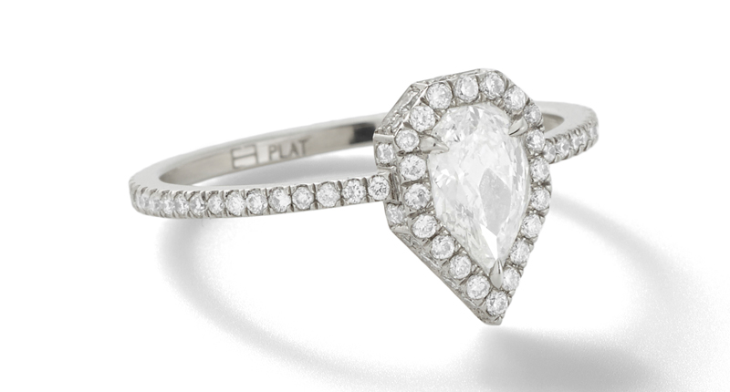 “The Faceted Pear” ring from <a href="http://www.evafehren.com" target="_blank" rel="noopener noreferrer">Eva Fehren</a> with a pear-shaped diamond and white diamond pave set in platinum ($14,775)