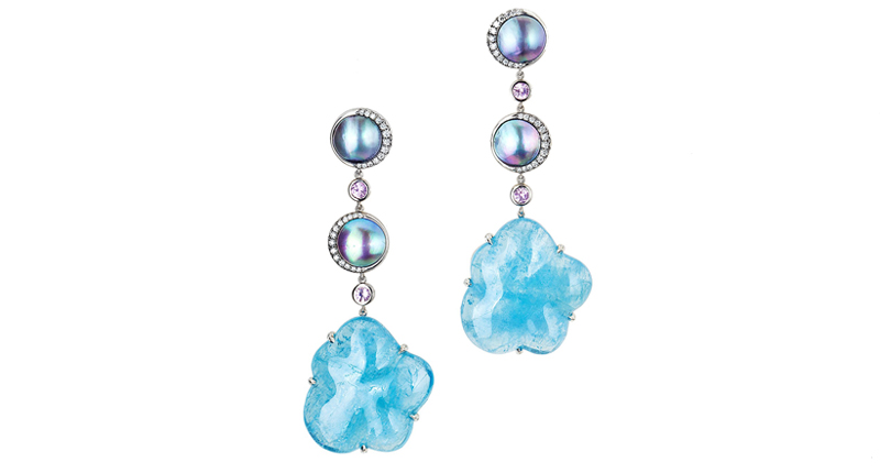 Ana Katarina Fine Jewelry Cloud 9 earrings in 18-karat white gold with aquamarine, pink sapphire, diamonds and sustainably farmed Sea of Cortez pearls ($18,770)