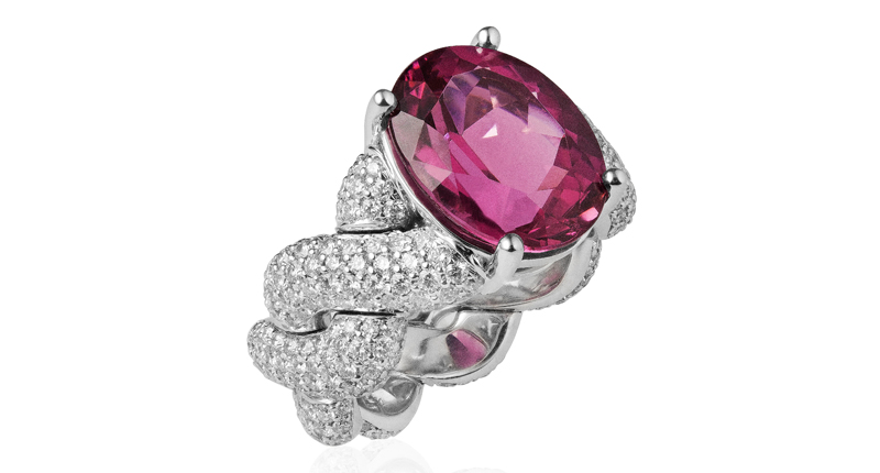 A bespoke ring from <a href="http://www.carelle.com/bespoke" target="_blank" rel="noopener noreferrer">Carelle</a> featuring a 7.61-carat rubellite center stone and diamonds set in 18-karat white gold ($38,900)