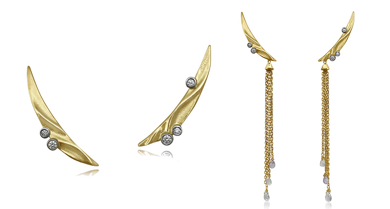 <a href="http://www.k-mita.com" target="_blank" rel="noopener noreferrer">K. Mita</a> “Moon River” climber earrings in 18-karat yellow and white gold with diamonds and multi-color sapphire briolettes ($2,265)