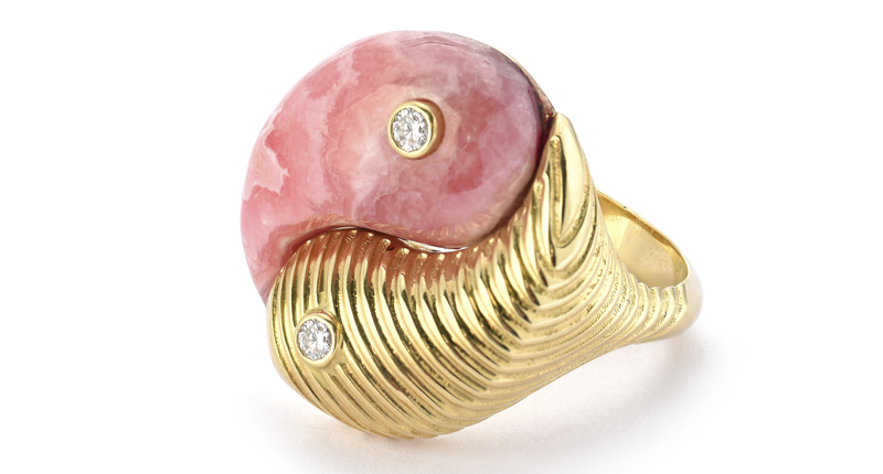 Retrouvaí Yin Yang ring in 14-karat yellow gold with rhodochrosite and diamond ($3,430)