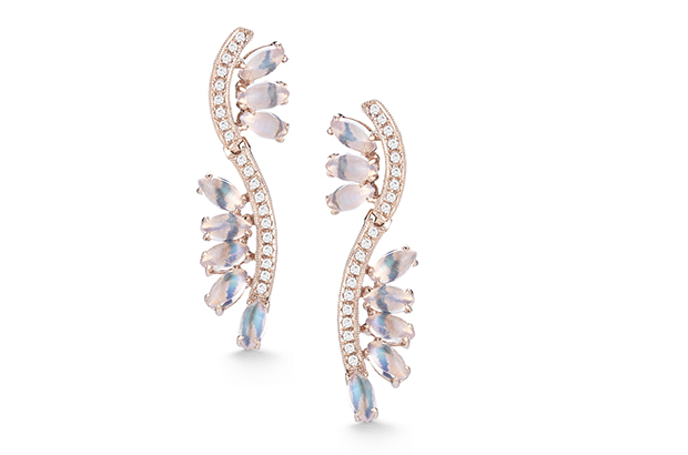 Dana Rebecca Designs’ one-of-a-kind “Courtney Lauren” earrings, made in 14-karat rose gold with moonstone and white diamonds ($2,090). <br /><br /> These earrings blend the colors as emphasized by Pantone; “Playful yet sophisticated, this color duo makes a striking statement on its own,” the color authority said.