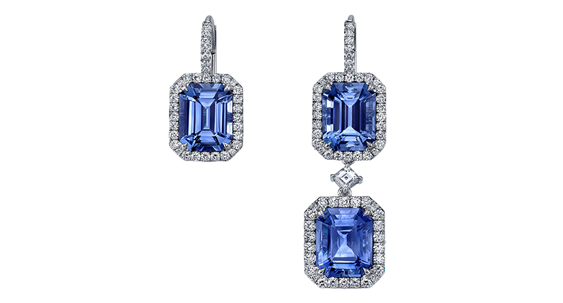 <a href="http://www.omiprive.com" target="_blank" rel="noopener noreferrer">Omi Privé</a> convertible earrings with emerald-cut sapphires, round sapphires and diamonds set in platinum ($100,000)