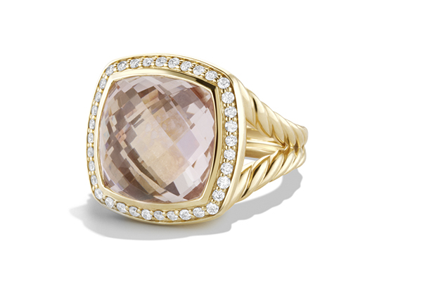 David Yurman’s 18-karat yellow gold rings holds a faceted morganite with diamond pavé ($5,600). 