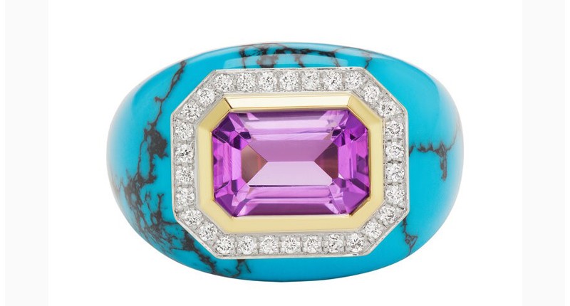<p><a href="https://www.emilypwheeler.com/shop-all/chubby-ring-5" target="_blank" rel="noopener">Emily P. Wheeler</a> turquoise “Chubby” ring with amethyst and white diamonds set in 18-karat yellow gold ($6,800) </p>