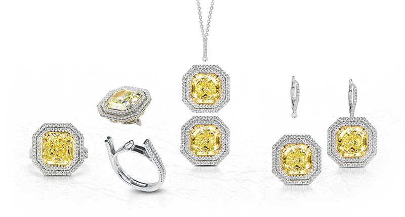 These pieces from <a href="http://www.premiergem.com" target="_blank" rel="noopener noreferrer">Premier Gem Corporation</a> feature cut-cornered modified square brilliant, natural fancy yellow diamonds set in platinum and 18-karat yellow gold ($350,000) that can be worn as a necklace, ring or earrings.