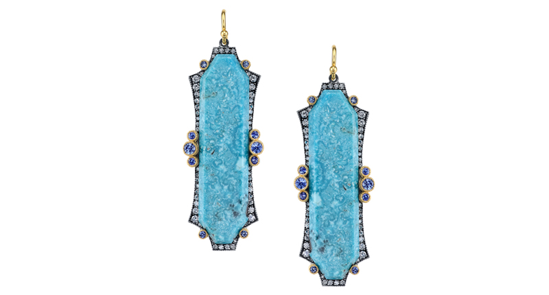 Arman Sarkisyan 22-karat gold and sterling silver turquoise earrings with sapphires and diamonds ($16,820)