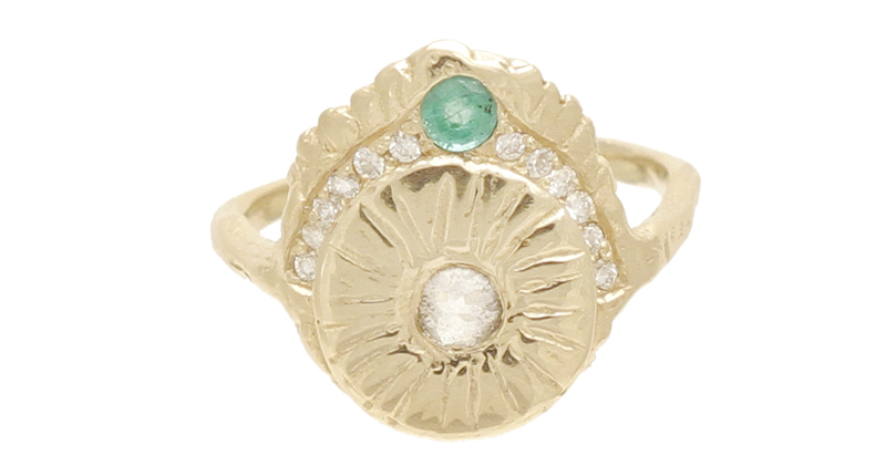 Communion by Joy’s Radiant Heart Ring in 14-karat yellow gold with emerald, rose-cut diamond and full-cut diamonds ($2,675)