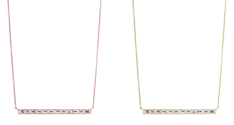 <strong>Bar and Pendant Necklaces.</strong> Sethi Couture’s 18-karat yellow and rose gold bar necklaces are set with white baguette diamonds ($2,640 each). <a href="http://www.sethicouture.com/" target="_blank">SethiCouture.com </a>