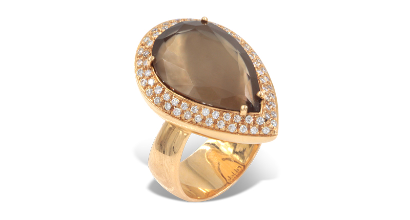 Rina Limor’s 18-karat rose gold ring features a pear-shaped smoky topaz with diamonds ($3,600).