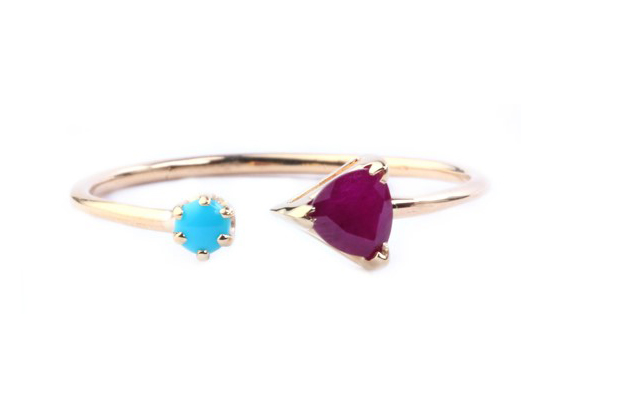 Katie Diamond’s turquoise and ruby “Cassie” ring is set in 14-karat gold ($445).<br />
<a href="http://katiediamondjewelry.com/" target="_blank"><span style="color: #f5fffa;">katiediamond.com</span></a>
