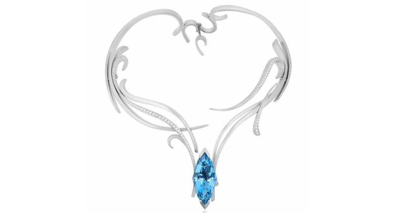 <strong>Best Use of Platinum and Color and first place in Evening Wear.</strong> Eddie Sakamoto of Somewhere in the Rainbow for this platinum “Dancing Waves” neck collar featuring a 57.0-carat aquamarine accented with 8 carats of diamonds