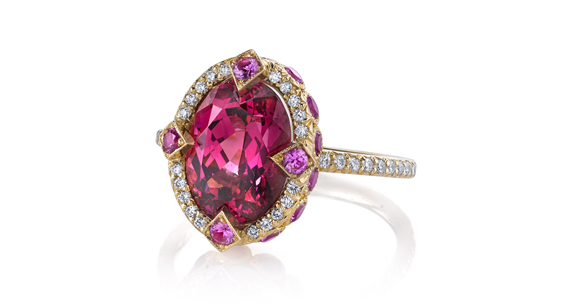 This is Erica Courtney’s 18-karat yellow gold “Duchess” ring featuring a 4.31-carat pink spinel, accented with pink sapphires and diamonds ($27,200).