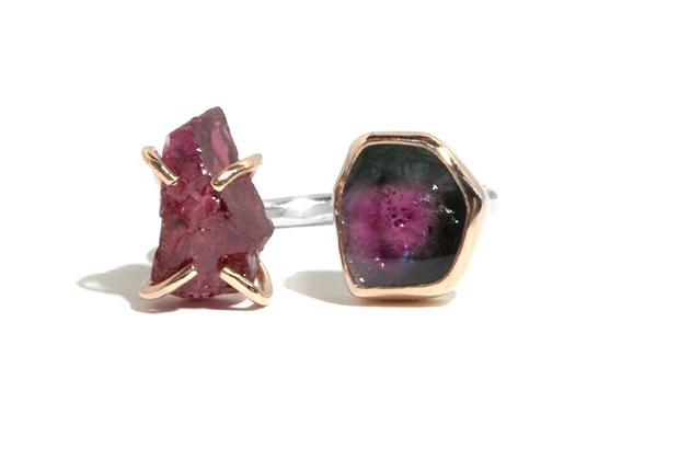 Melissa Joy Manning’s limited edition 14-karat yellow gold and sterling silver ring features a rhodonite crystal and watermelon tourmaline ($500).  <br />
<a target="_blank" href="https://melissajoymanning.com/"><span style="color: #f5fffa;">melissajoymanning.com</span></a>